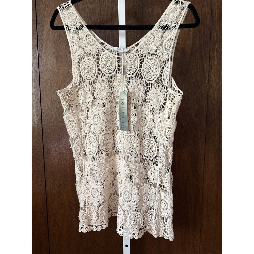 NEW Solitaire Women's Crochet Lace Layering Top, Large Ivory Cream BOHO Coquette